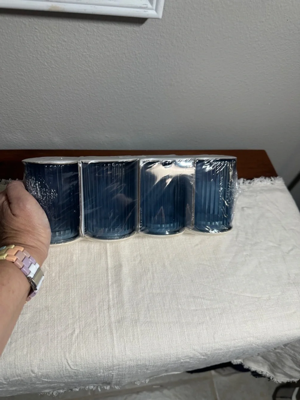 Set of 4 Navy Blue Ribbed Ceramic Canisters with Cream Lids NWT - Picture 2 of 4